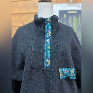 Vintage Millet Women’s Black Fleece Pullover Colorful Embroidery Snap Pocket S-M